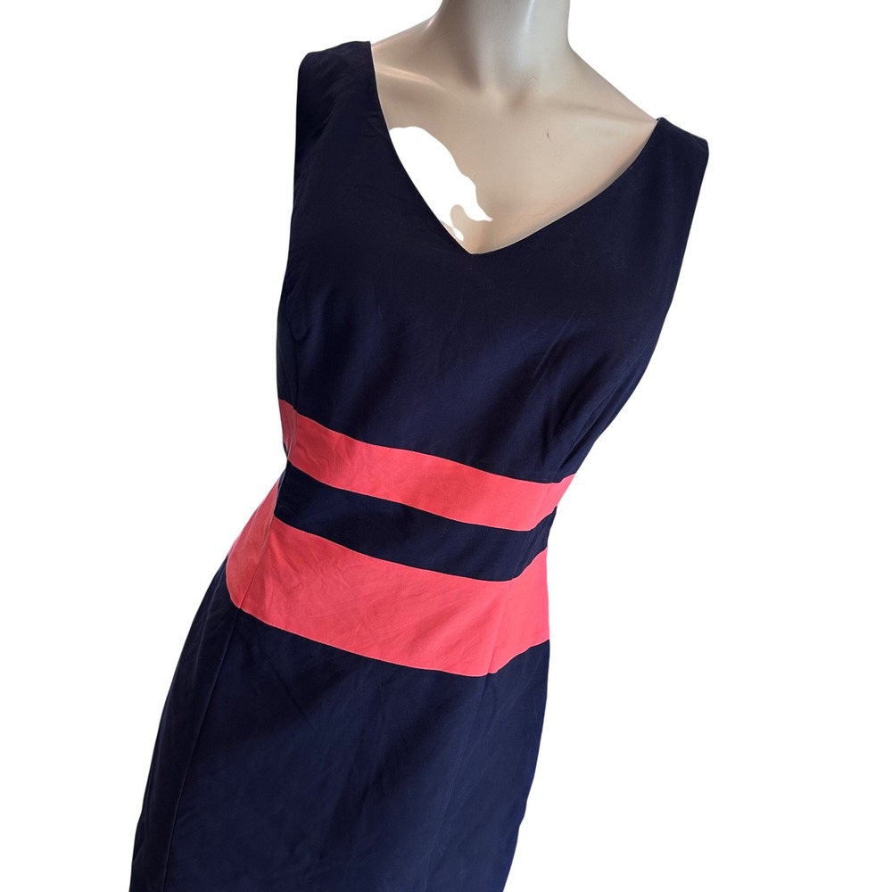 Anne Klein Womens Navy Blue Coral Pink Striped V-Neck Sheath Dress Size 12